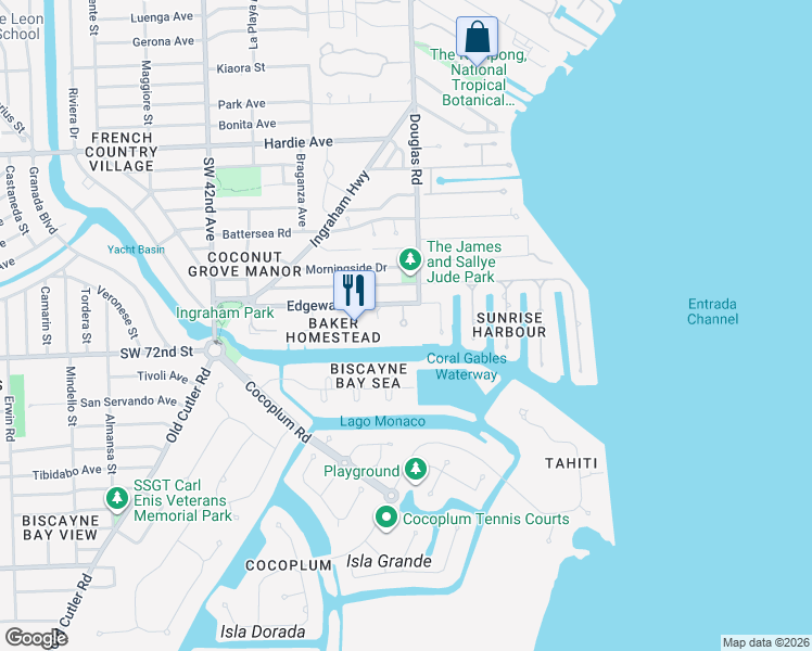 map of restaurants, bars, coffee shops, grocery stores, and more near 60 Edgewater Drive in Miami