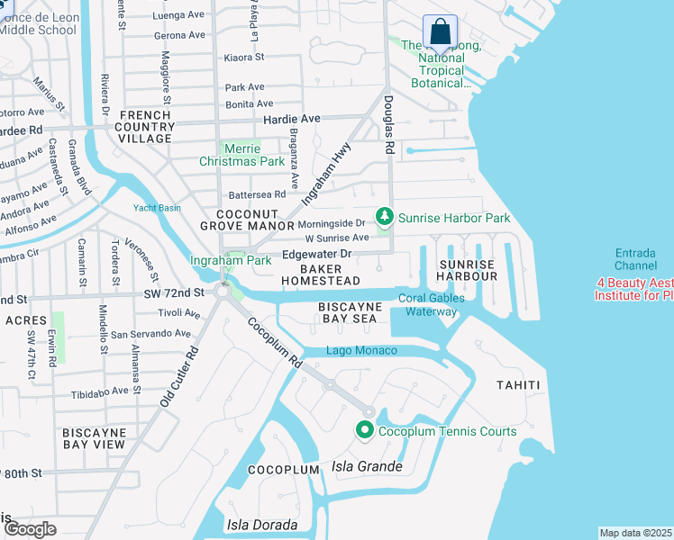 map of restaurants, bars, coffee shops, grocery stores, and more near 111 Edgewater Drive in Coral Gables