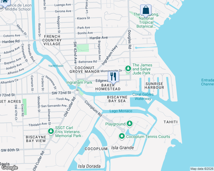 map of restaurants, bars, coffee shops, grocery stores, and more near 111 Edgewater Drive in Coral Gables