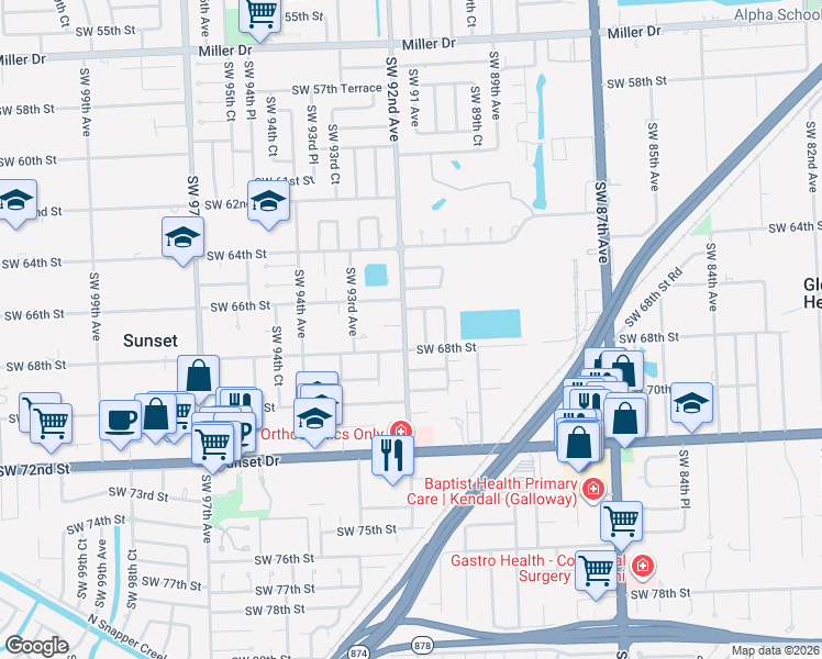 map of restaurants, bars, coffee shops, grocery stores, and more near 6651 Southwest 91 Avenue in Miami