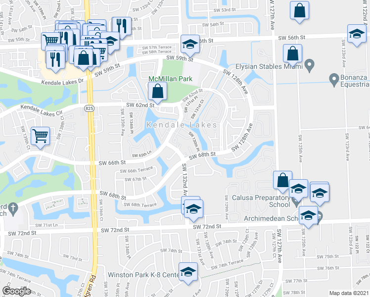 map of restaurants, bars, coffee shops, grocery stores, and more near 6635 Southwest 130th Place in Miami