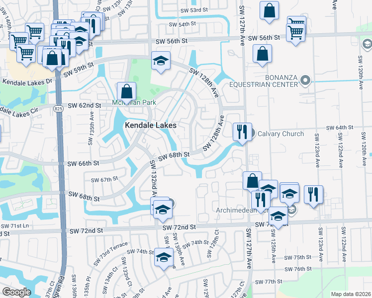 map of restaurants, bars, coffee shops, grocery stores, and more near 1606 Southwest 130th Avenue in Miami