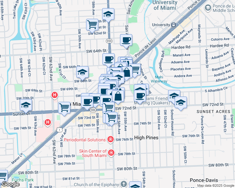 map of restaurants, bars, coffee shops, grocery stores, and more near 1570 Madruga Avenue in Coral Gables