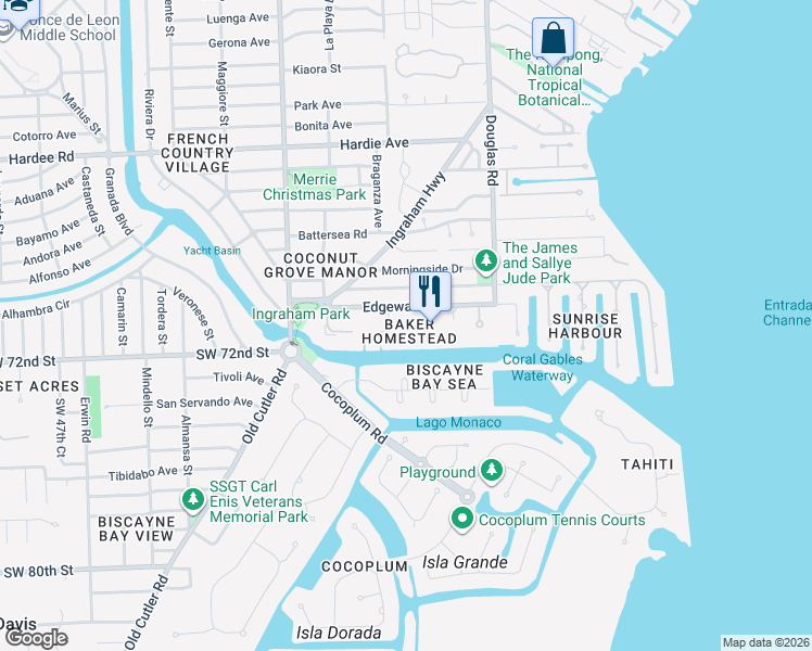 map of restaurants, bars, coffee shops, grocery stores, and more near 111 Edgewater Drive in Coral Gables