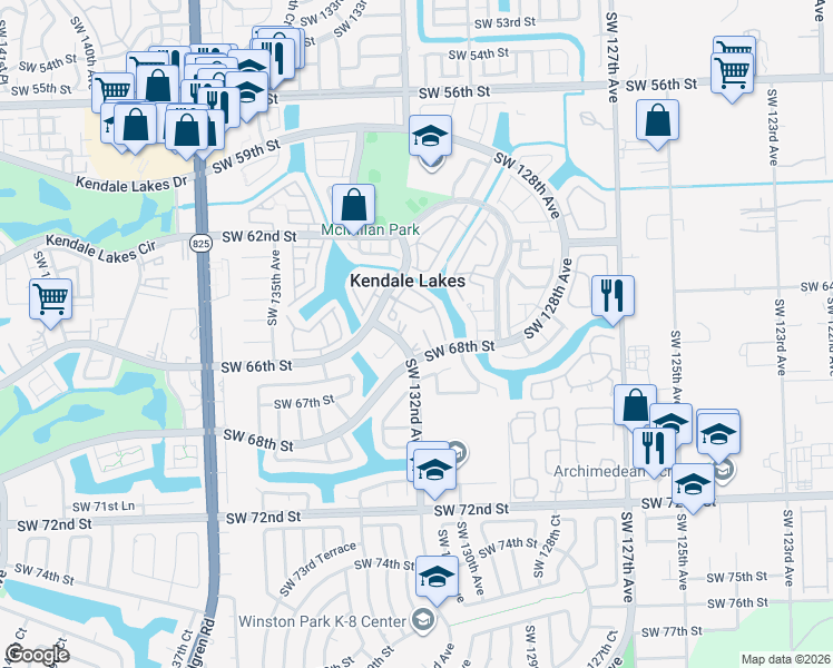 map of restaurants, bars, coffee shops, grocery stores, and more near 6635 Southwest 130th Place in Miami