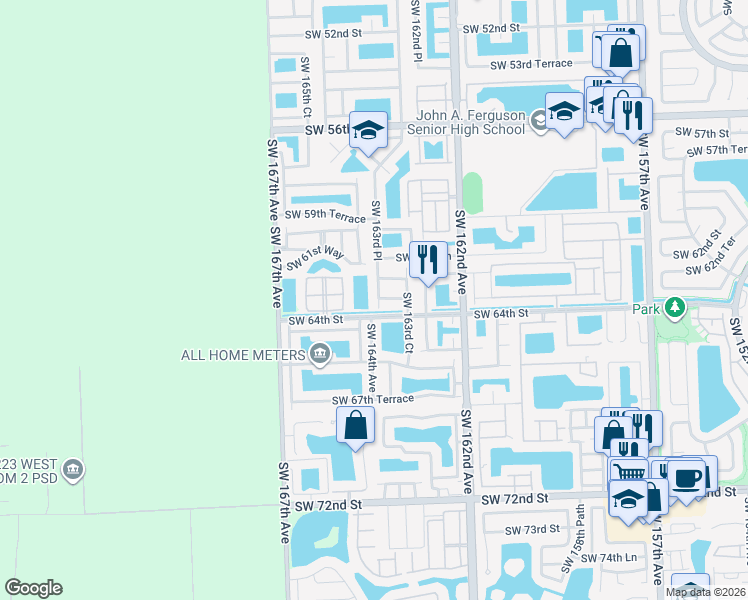 map of restaurants, bars, coffee shops, grocery stores, and more near 16372 Southwest 62nd Terrace in Miami