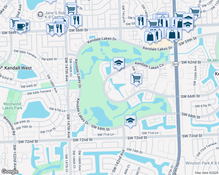 map of restaurants, bars, coffee shops, grocery stores, and more near 14250 Southwest 62nd Street in Miami