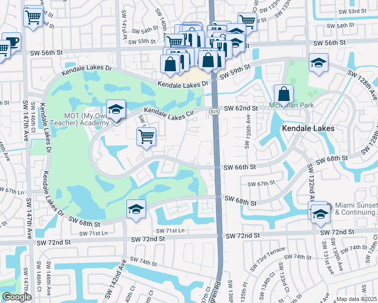 map of restaurants, bars, coffee shops, grocery stores, and more near 6345 Southwest 138th Court in Miami