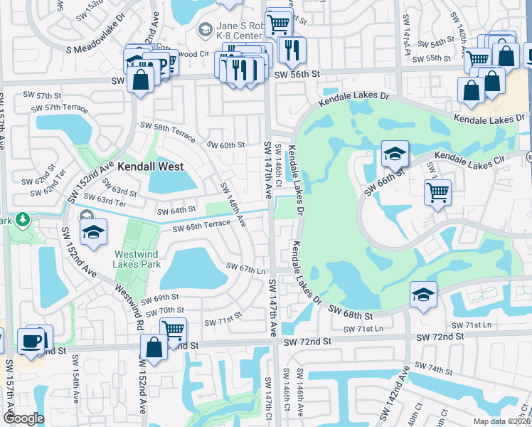 map of restaurants, bars, coffee shops, grocery stores, and more near 14712 Southwest 63rd Lane in Miami