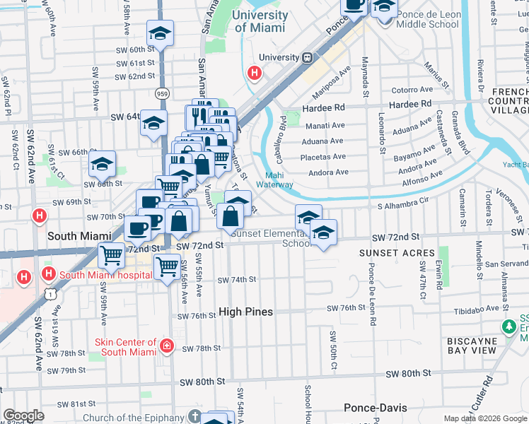 map of restaurants, bars, coffee shops, grocery stores, and more near 6700 Santona Street in Coral Gables