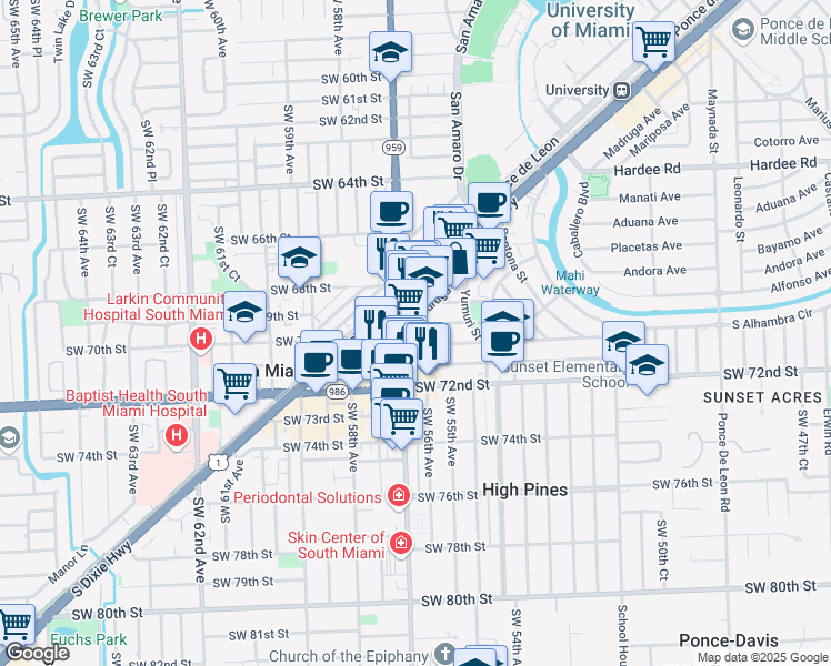 map of restaurants, bars, coffee shops, grocery stores, and more near 1570 Madruga Avenue in Coral Gables