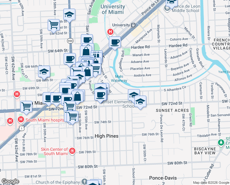 map of restaurants, bars, coffee shops, grocery stores, and more near 6700 Santona Street in Coral Gables