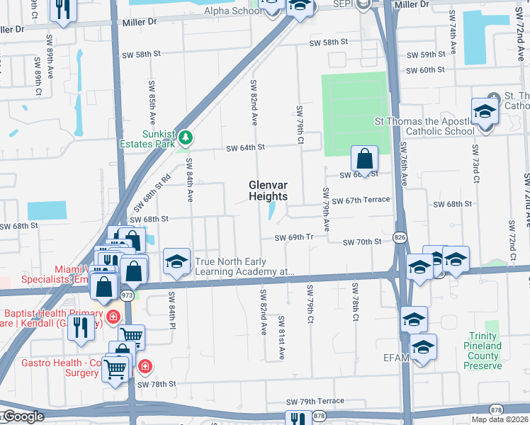map of restaurants, bars, coffee shops, grocery stores, and more near 8200 Southwest 67th Street in South Miami