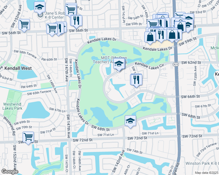 map of restaurants, bars, coffee shops, grocery stores, and more near 14250 Southwest 62nd Street in Miami
