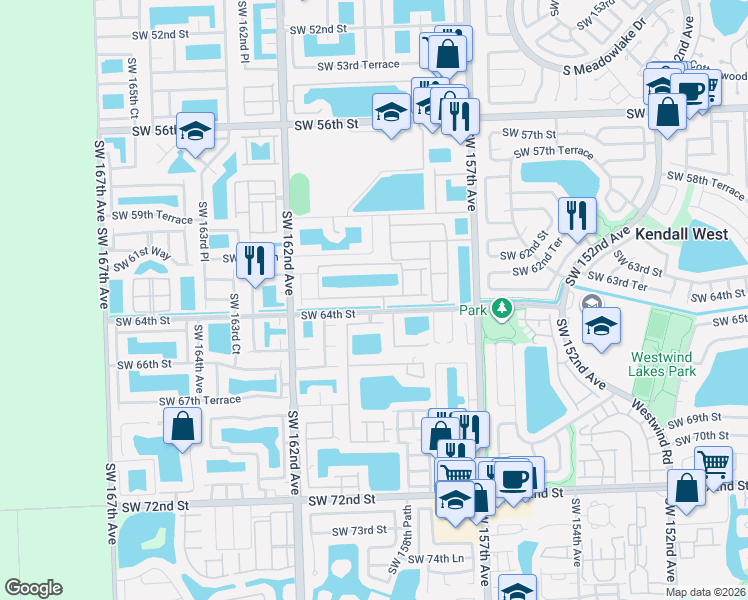 map of restaurants, bars, coffee shops, grocery stores, and more near 15913 Southwest 63rd Terrace in Miami