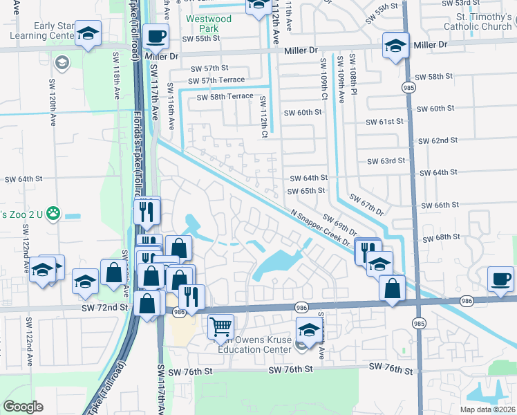 map of restaurants, bars, coffee shops, grocery stores, and more near 11274 Southwest 64th Lane in Miami