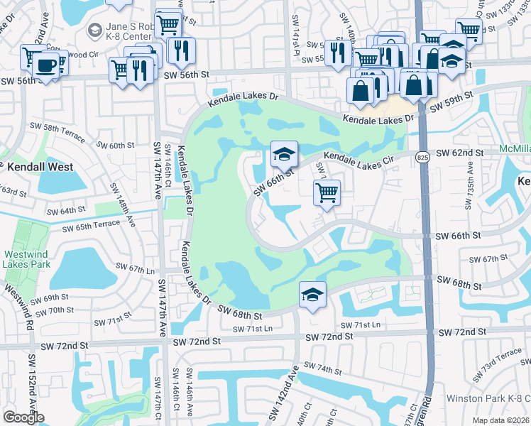 map of restaurants, bars, coffee shops, grocery stores, and more near 6225 Southwest Kendale Lakes Circle in Miami