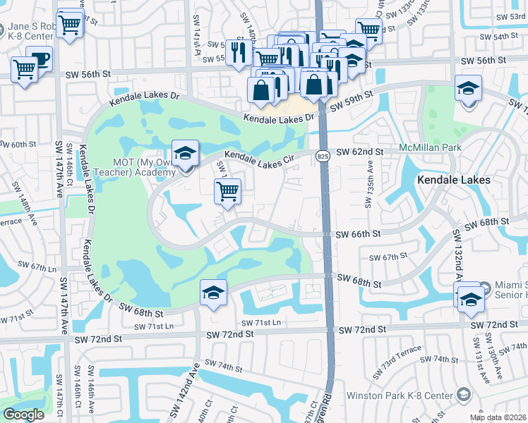 map of restaurants, bars, coffee shops, grocery stores, and more near 6520 Southwest 138th Court in Miami