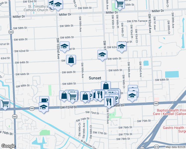map of restaurants, bars, coffee shops, grocery stores, and more near 9780 Southwest 66th Street in Miami