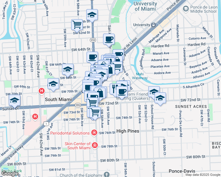 map of restaurants, bars, coffee shops, grocery stores, and more near 1501 Venera Avenue in Miami