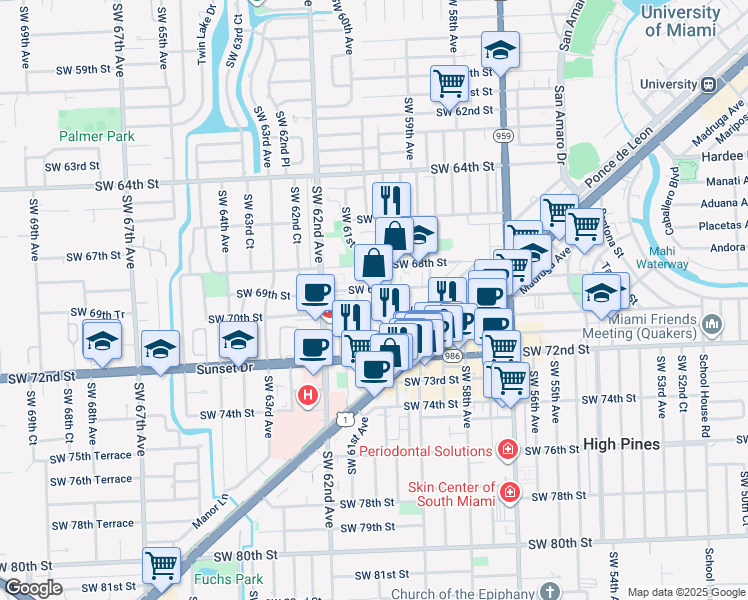 map of restaurants, bars, coffee shops, grocery stores, and more near 6023 Southwest 69th Street in South Miami