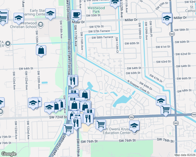 map of restaurants, bars, coffee shops, grocery stores, and more near 6534 Southwest 114th Place in Miami