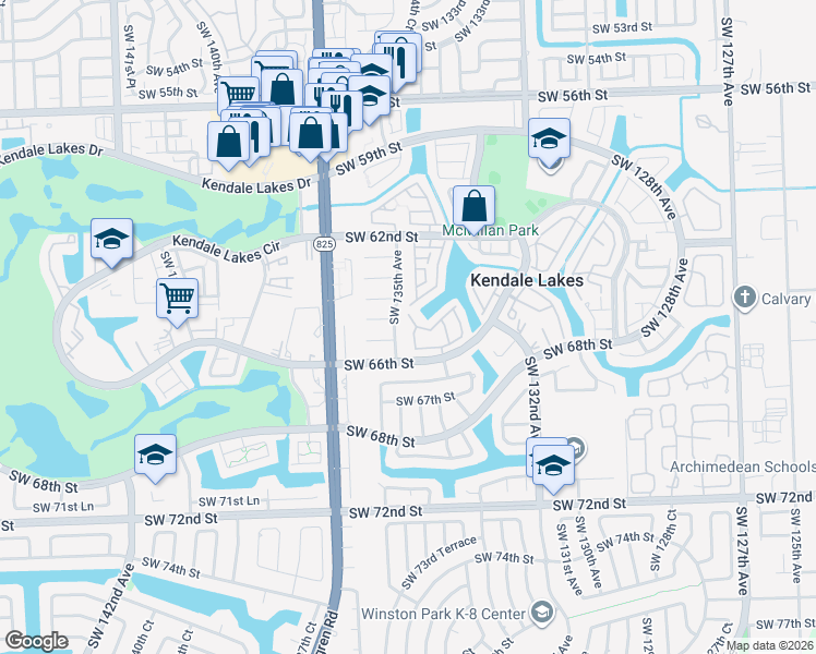 map of restaurants, bars, coffee shops, grocery stores, and more near 6435 Southwest 135th Avenue in Miami