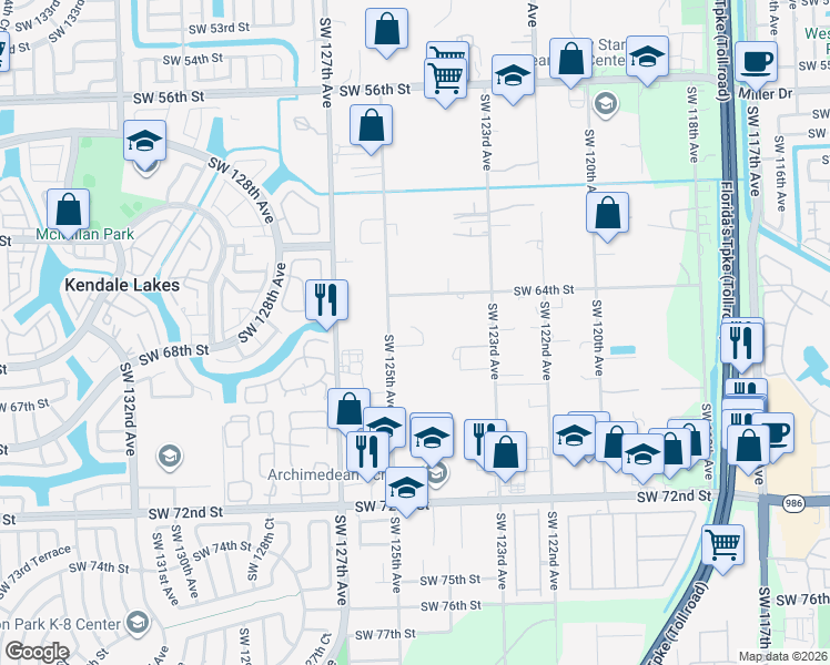 map of restaurants, bars, coffee shops, grocery stores, and more near 12420 Southwest 64th Street in Miami