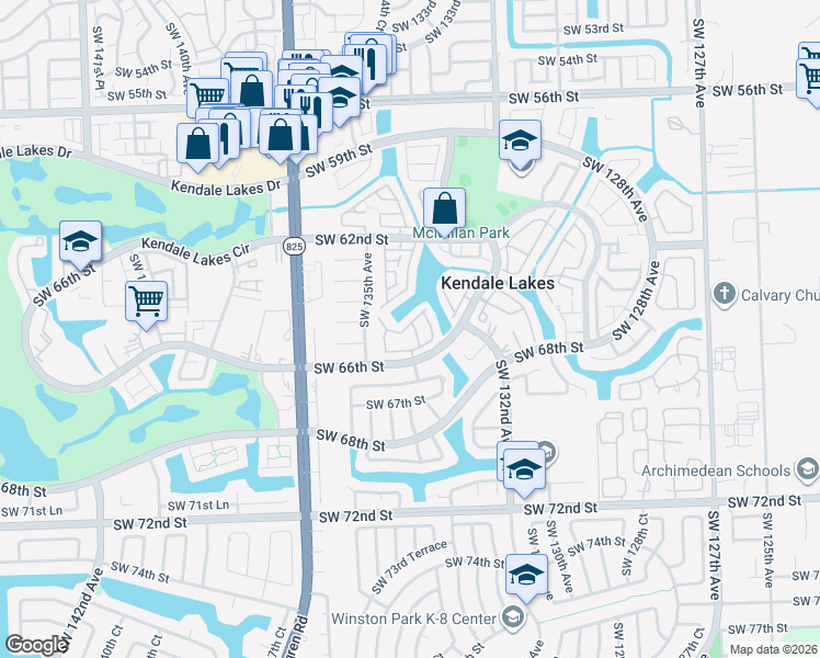 map of restaurants, bars, coffee shops, grocery stores, and more near 6422 Southwest 133rd Place in Miami