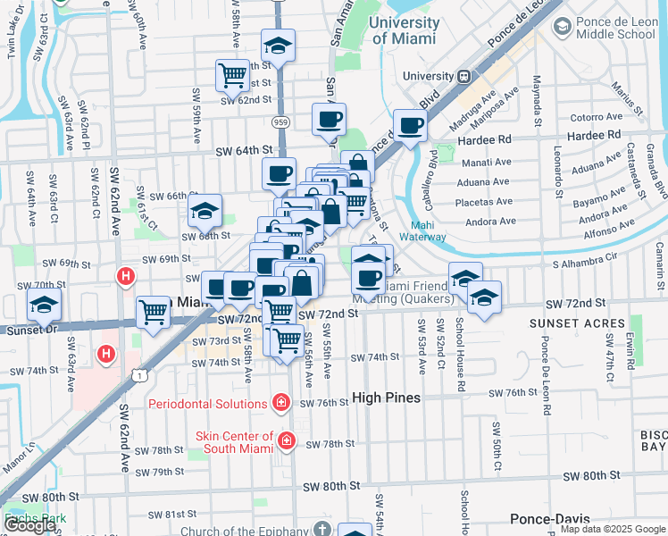 map of restaurants, bars, coffee shops, grocery stores, and more near 1500 Venera Avenue in Coral Gables