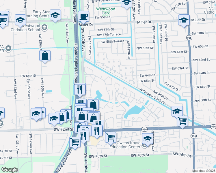 map of restaurants, bars, coffee shops, grocery stores, and more near 6534 Southwest 114th Place in Miami
