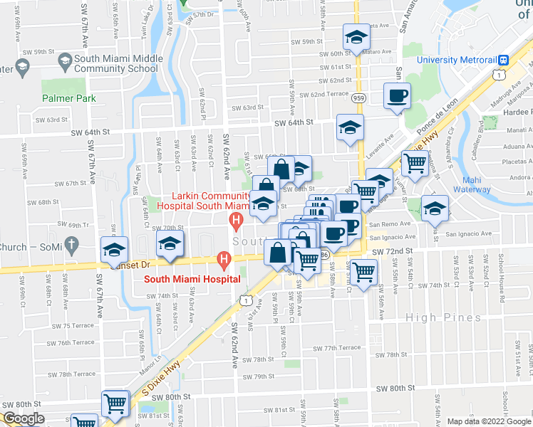 map of restaurants, bars, coffee shops, grocery stores, and more near 6023 Southwest 69th Street in South Miami