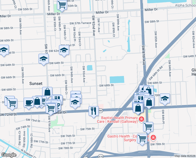 map of restaurants, bars, coffee shops, grocery stores, and more near 6651 Southwest 91 Avenue in Miami