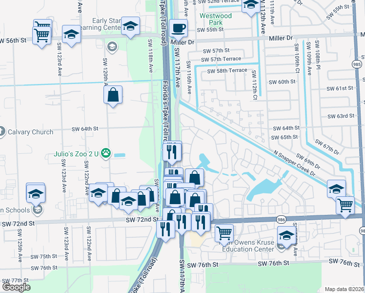 map of restaurants, bars, coffee shops, grocery stores, and more near 6455 Southwest 116th Place in Miami