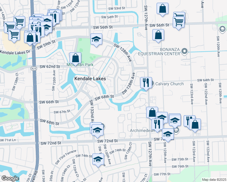 map of restaurants, bars, coffee shops, grocery stores, and more near 6511 Southwest 129th Avenue in Miami