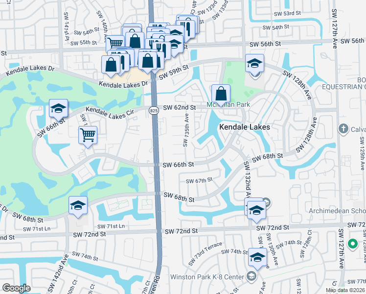 map of restaurants, bars, coffee shops, grocery stores, and more near 6435 Southwest 135th Avenue in Miami