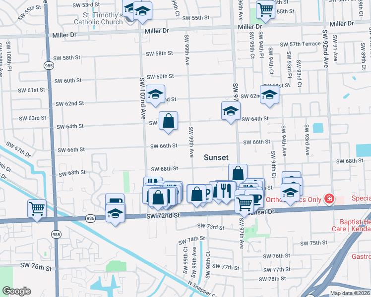 map of restaurants, bars, coffee shops, grocery stores, and more near 9941 Southwest 66th Street in Miami
