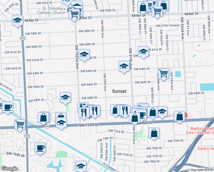 map of restaurants, bars, coffee shops, grocery stores, and more near 9871 Southwest 66th Street in Miami