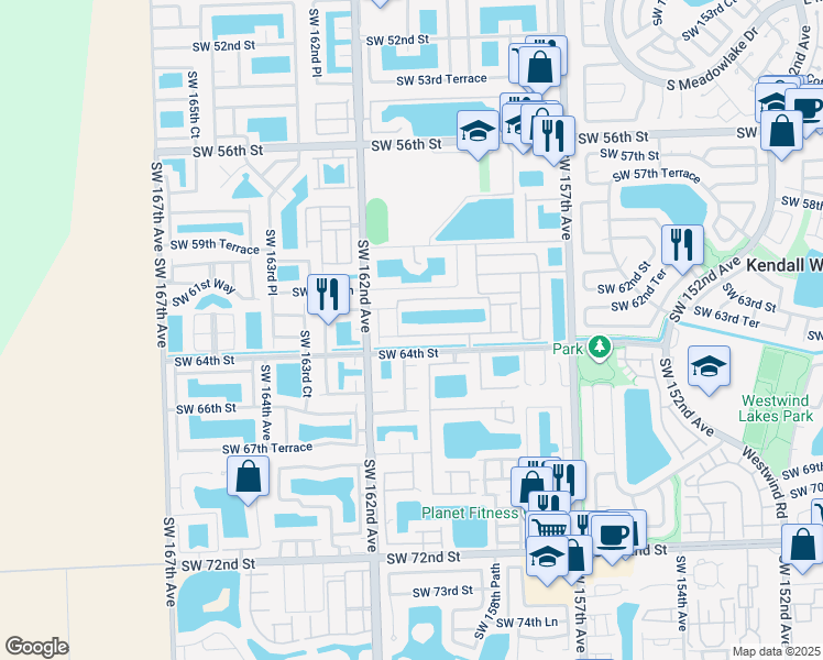 map of restaurants, bars, coffee shops, grocery stores, and more near 16023 Southwest 63rd Terrace in Miami