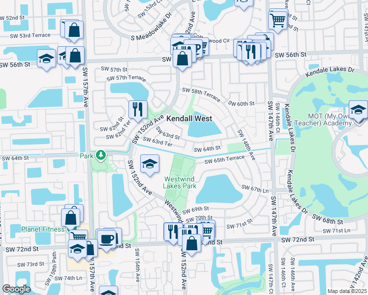 map of restaurants, bars, coffee shops, grocery stores, and more near 10255 Southwest 63rd Terrace in Miami