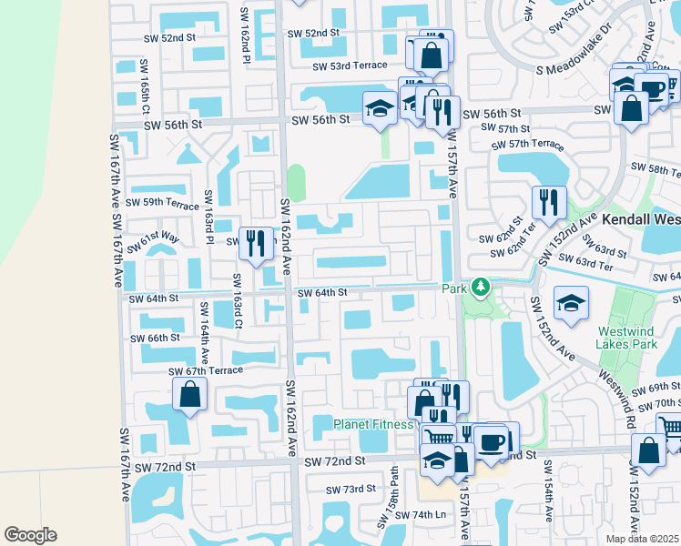 map of restaurants, bars, coffee shops, grocery stores, and more near 16023 Southwest 63rd Terrace in Miami