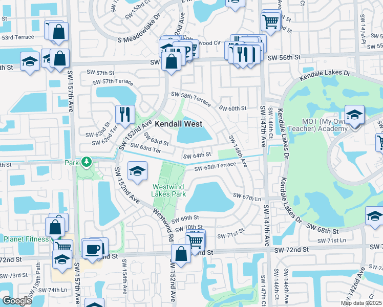 map of restaurants, bars, coffee shops, grocery stores, and more near 6303 Southwest 150th Court in Miami