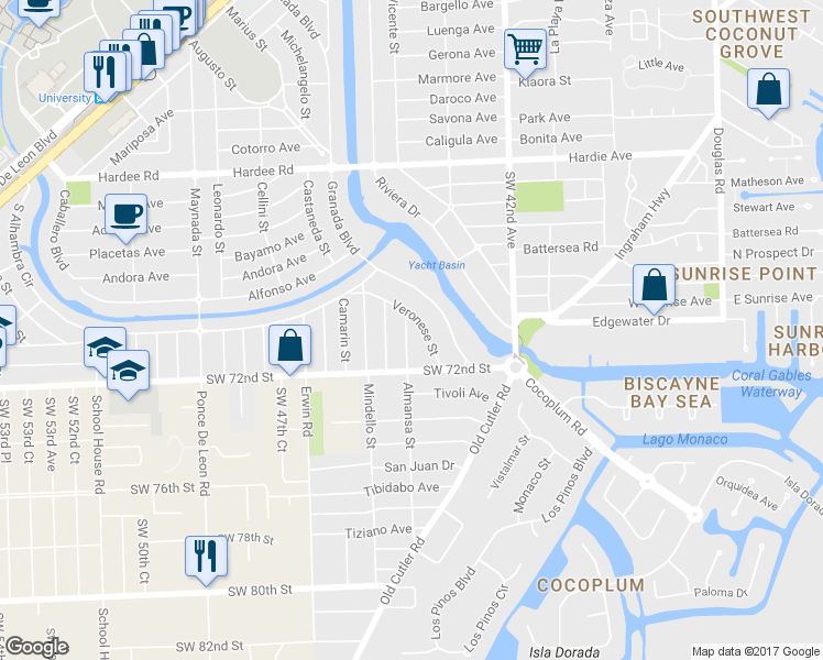 map of restaurants, bars, coffee shops, grocery stores, and more near 6825 Almansa Street in Coral Gables