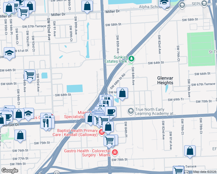 map of restaurants, bars, coffee shops, grocery stores, and more near 8545 Southwest 68th Street Road in Miami