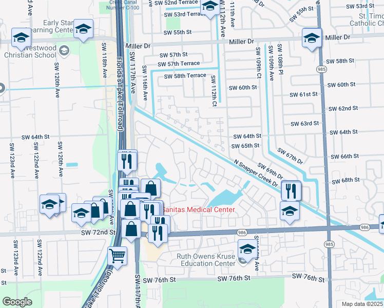 map of restaurants, bars, coffee shops, grocery stores, and more near 11389 Southwest 65th Street in Miami