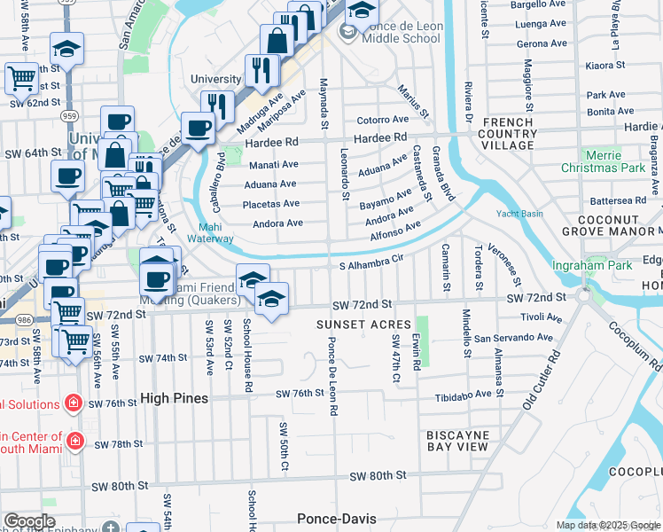 map of restaurants, bars, coffee shops, grocery stores, and more near South Alhambra Circle in Coral Gables