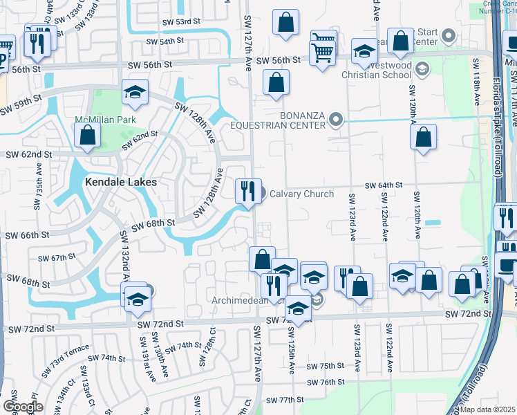map of restaurants, bars, coffee shops, grocery stores, and more near 6565 Southwest 127th Avenue in Miami