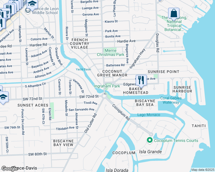 map of restaurants, bars, coffee shops, grocery stores, and more near 4751 Ingraham Terrace in Coral Gables