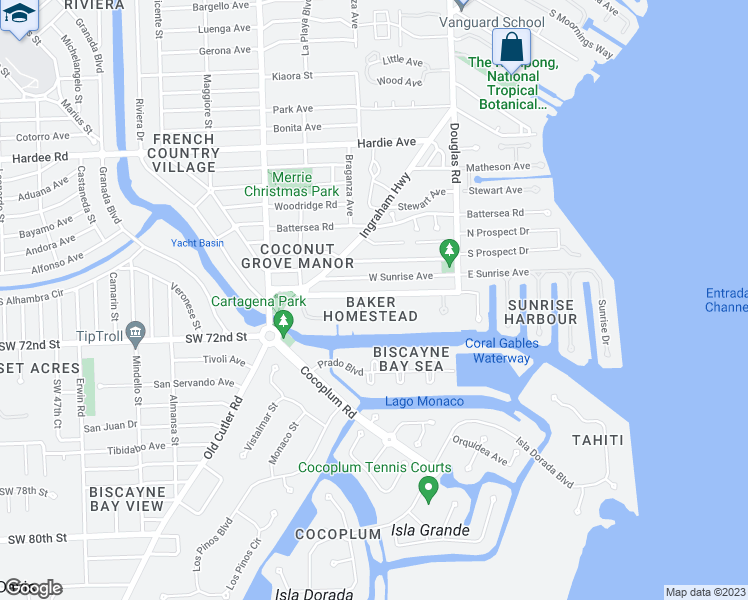map of restaurants, bars, coffee shops, grocery stores, and more near 100 Edgewater Drive in Miami