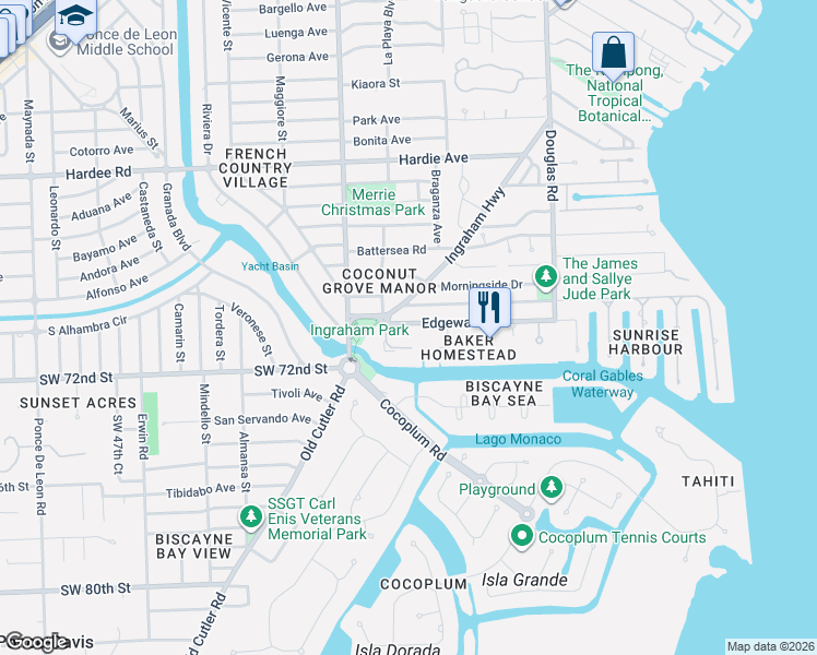 map of restaurants, bars, coffee shops, grocery stores, and more near 199 Edgewater Drive in Coral Gables